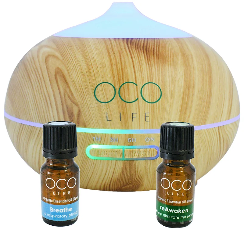 Organico By Oco Life Zen Light Wood Grain Ultrasonic Diffuser With Reawaken 10ml Breathe 10ml