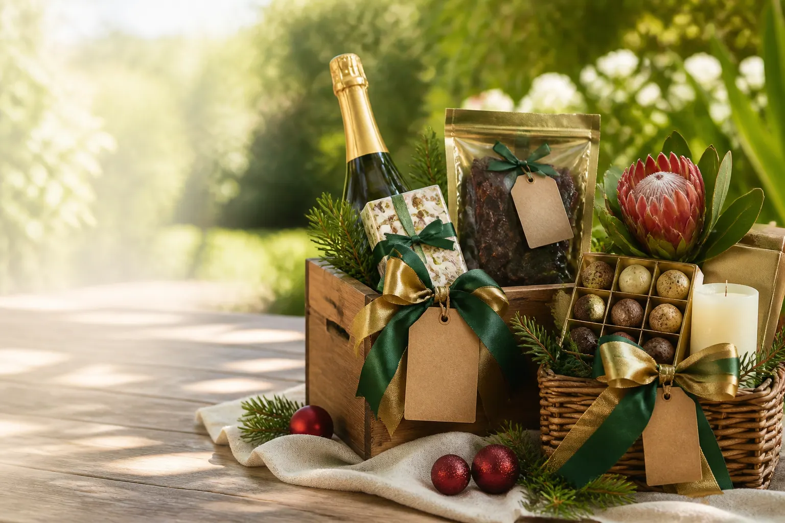 Christmas hampers with bubbly, biltong, nougat, chocolates and a protea, tied with green and gold ribbon