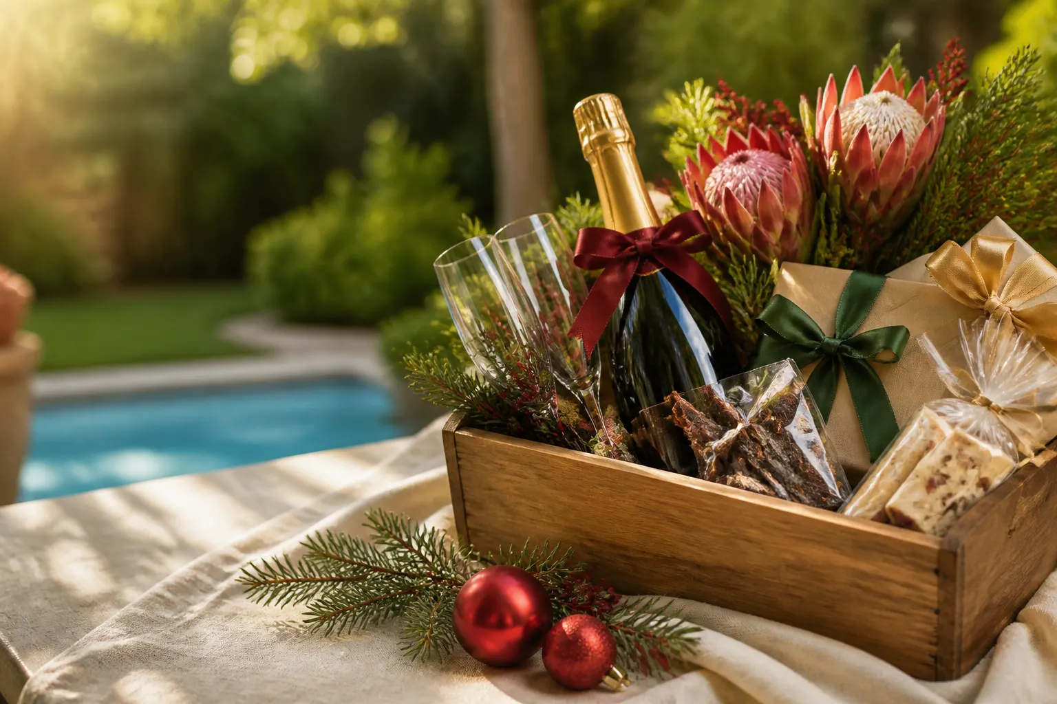 Christmas hamper crate with bubbly, biltong, nougat and proteas on a sunny South African patio by the pool