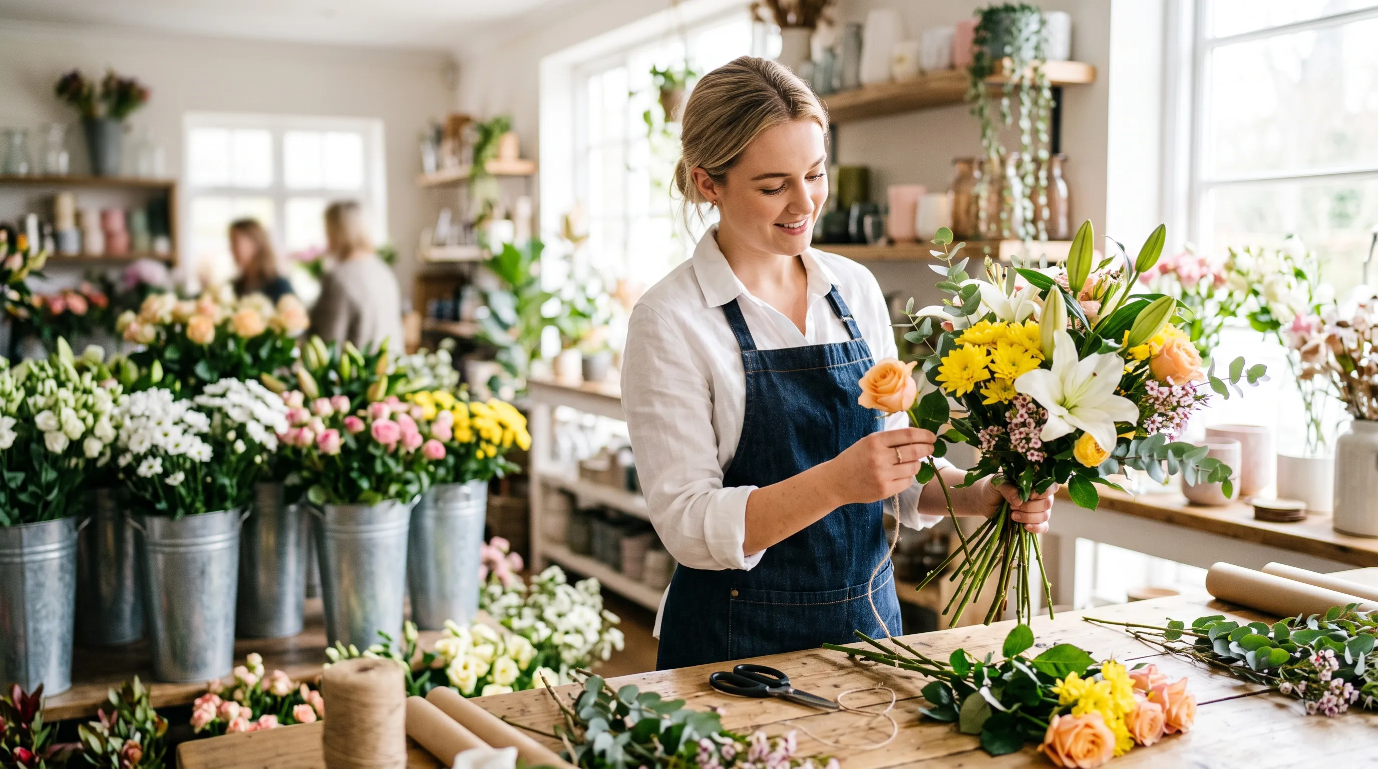 A florist in a denim apron tying a mixed seasonal bouquet of white lilies, yellow chrysanthemums and peach roses at a workbench in a light-filled neighbourhood flower shop, galvanised buckets of blooms lining the shelves behind her.