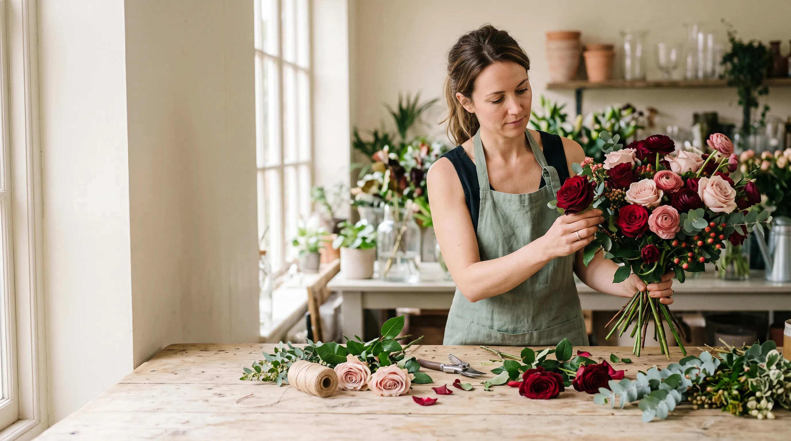 A florist gathering red and pink roses into a hand-tied bunch on a pale studio workbench