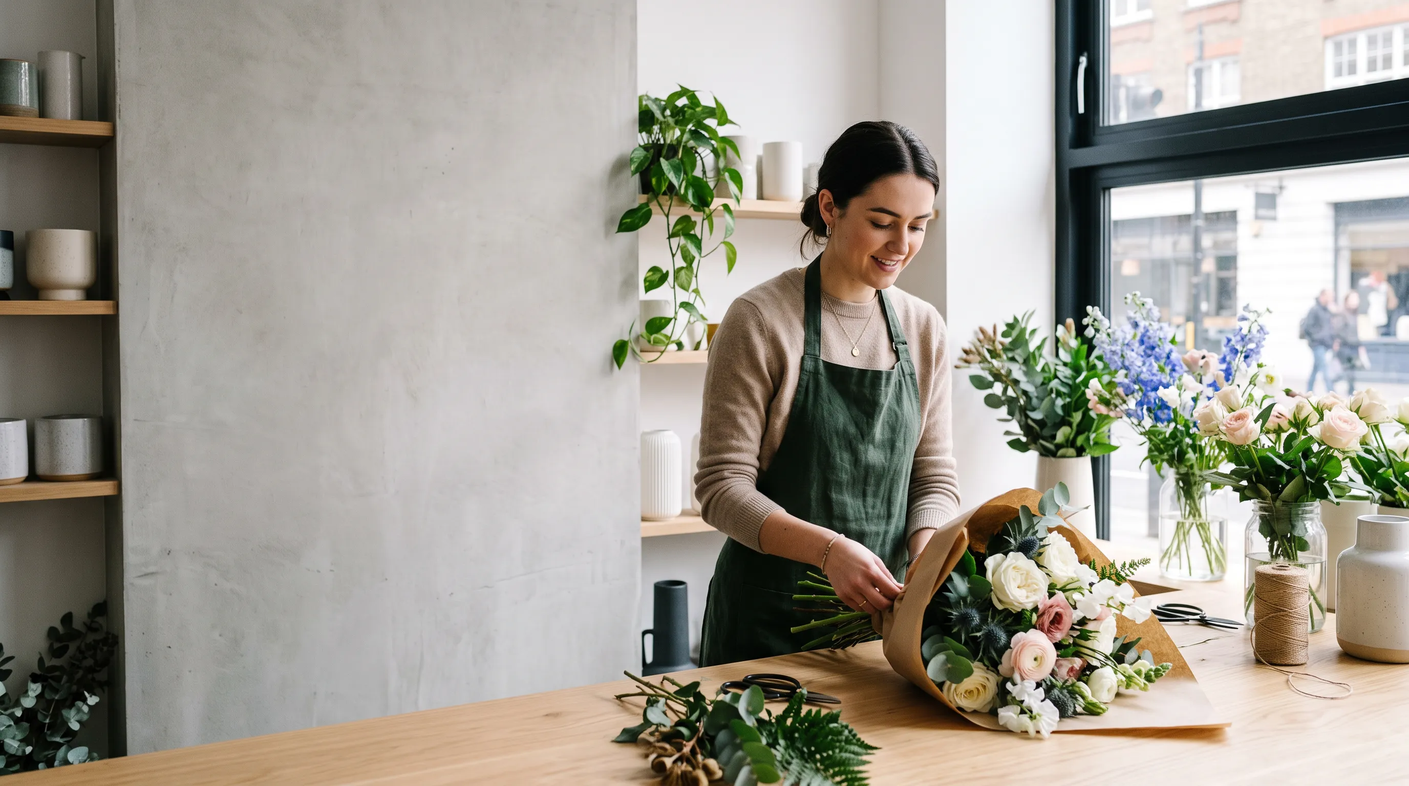 A florist wrapping a contemporary bouquet in kraft paper on a concrete workbench, an urban street framed by the window behind