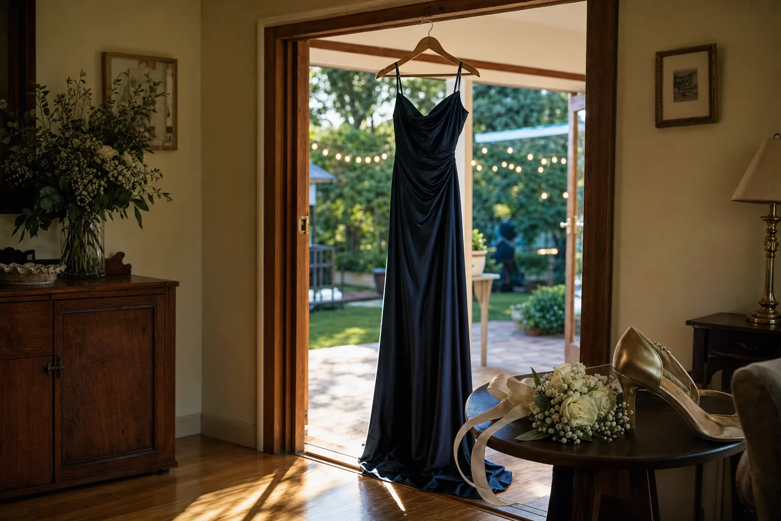 A midnight navy matric dance gown on a hanger in a doorway, with a wrist corsage and gold shoes in the foreground