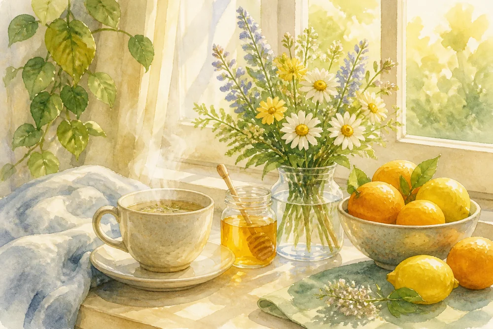 A sunlit get-well scene — herbal tea, fresh flowers, honey and citrus