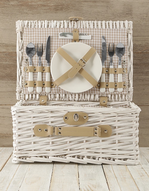 Two Person White & Gold Picnic Basket