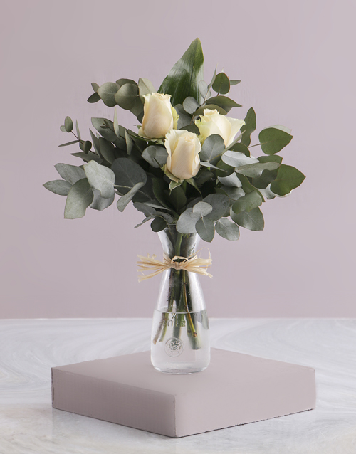 Trio of Cream Roses in Carafe