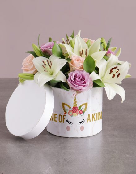 Unicorn Lilies and Roses in Hatbox