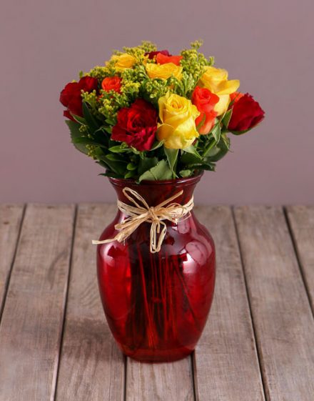 Mixed Roses in Red Vase
