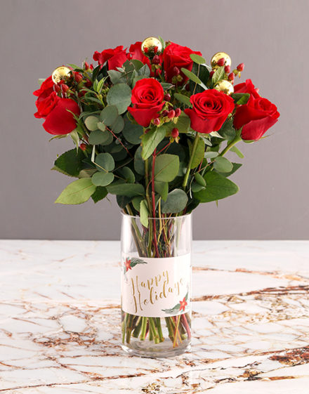 Red Roses in Happy Holiday Vase