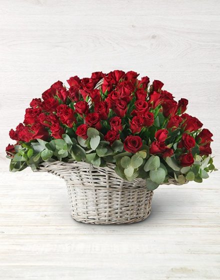 100 Red Roses in a Basket