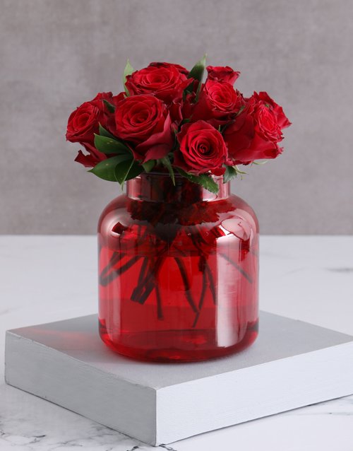 Red Roses In Red Vase