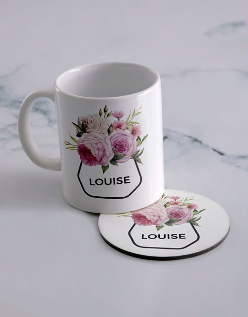 Pink Flower Personalised Mug And Coaster Set