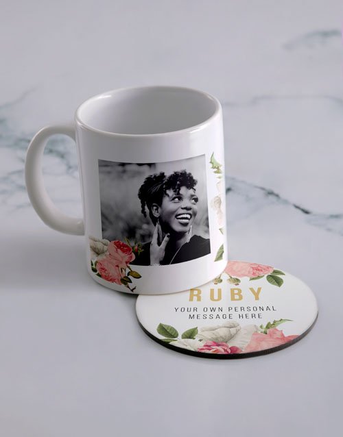 Floral Photo Personalised Mug And Coaster Set