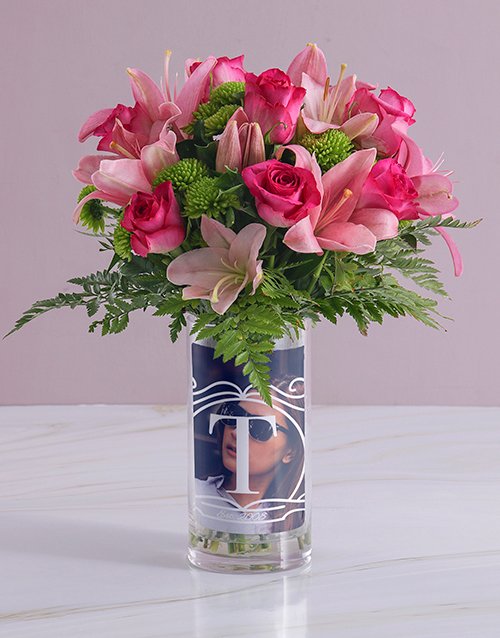 Personalised Pink Flowers in Initial Photo Vase