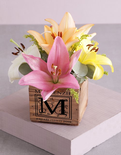 Personalised Wooden Box of Mixed Lilies