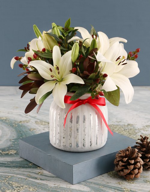 White Asiflorum Lilies in Dainty White Vase