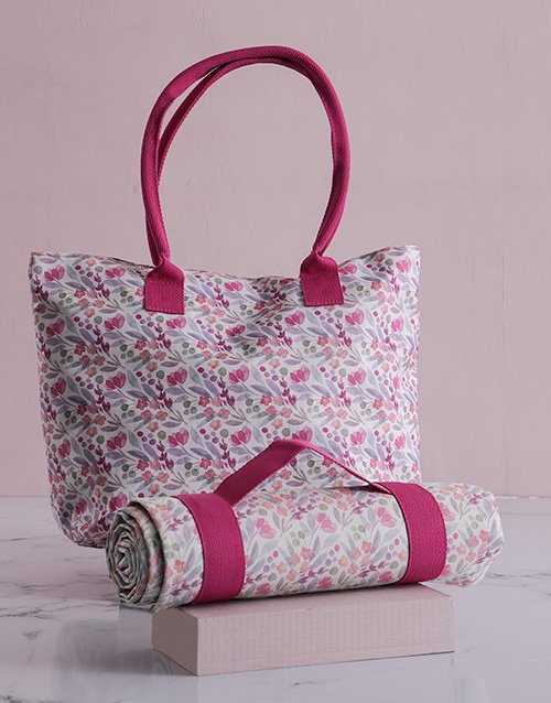 Pink Floral Tote Bag With Mat