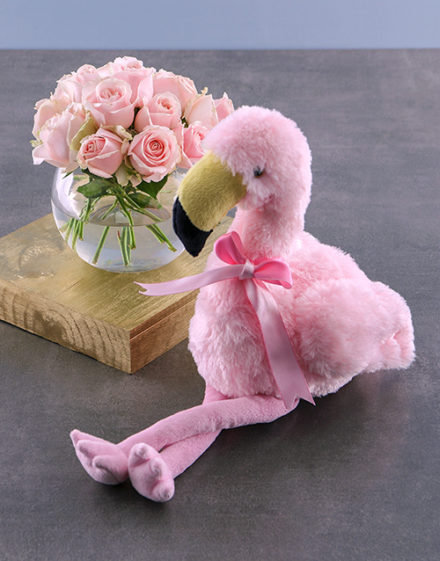 flowers Pink Roses And Flamingo Teddy Gift
