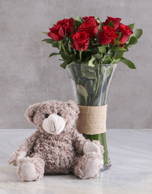 flowers Love Grow Red Roses With Brown Teddy Bear