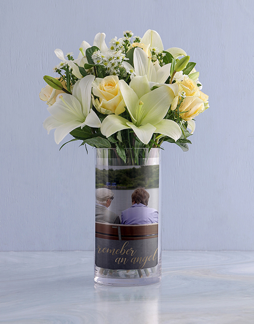 Personalised White Flowers in Sympathy Photo Vase