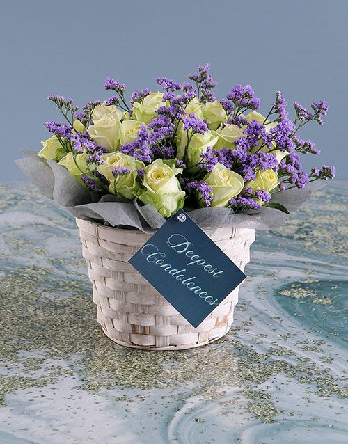 flowers White Sympathy Roses In Basket