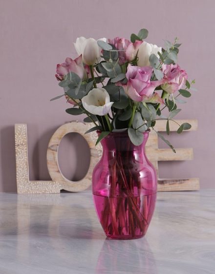Mothers Day Tulips And Roses In Pink Vase
