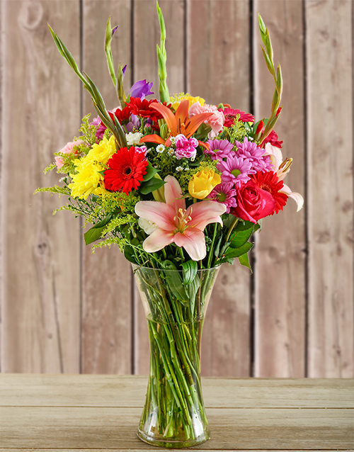 birthday Glass Vase of Colourful Flowers