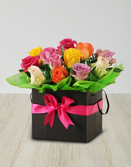 birthday Mixed Roses in a Black Box