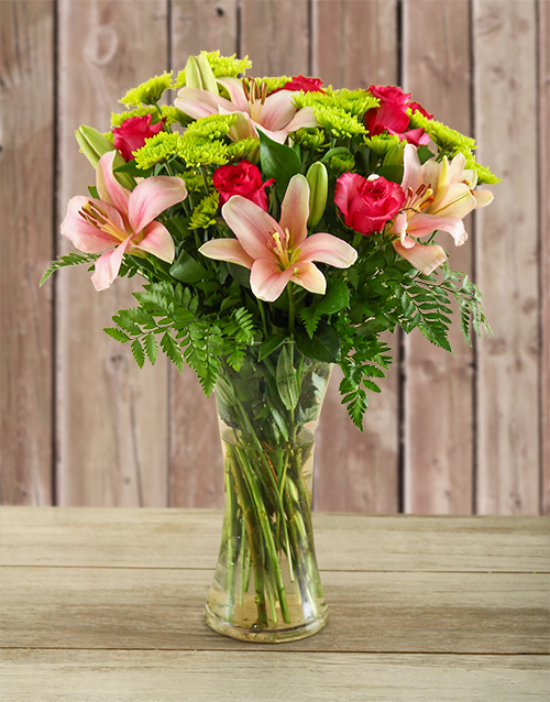 Pretty In Pink Lilies and Cerise Roses in a Vase