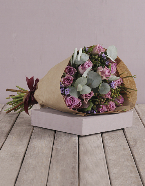 birthday Lilac Roses and Gum Leaf Bouquet