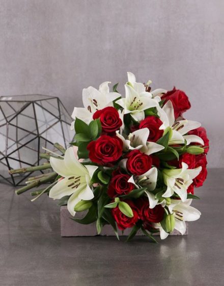 birthday Red Rose and White Lily Bouquet