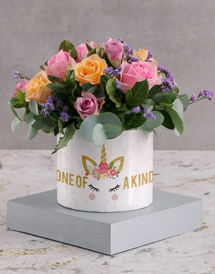 birthday Marvellous Mixed Roses in White Round Box