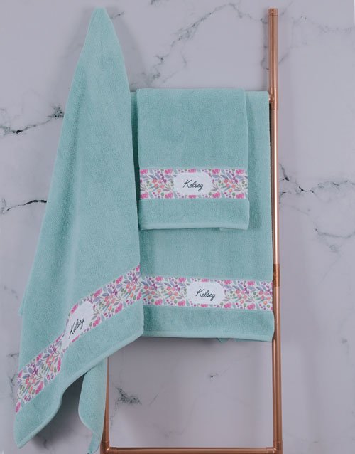 mothers-day Personalised Floral Duck Egg Towel Set