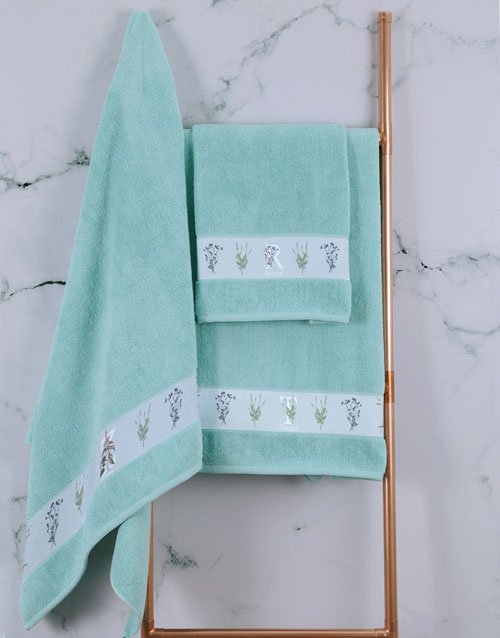 mothers-day Personalised Green Leaves Duck Egg Towel Set