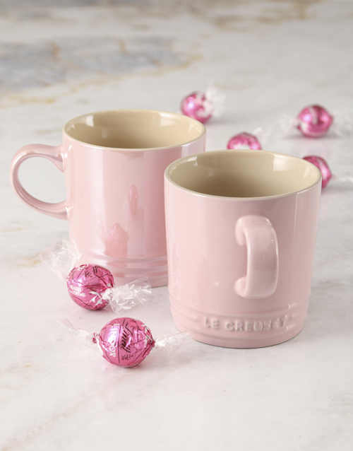 mothers-day Pink Le Creuset Mugs and Chocolate