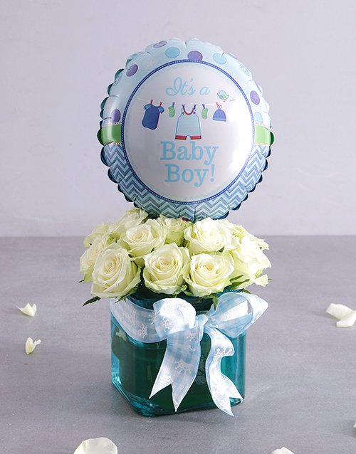 baby Baby Boy Rose and Balloon Arrangement