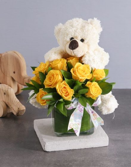 baby Yellow Roses and White Teddy