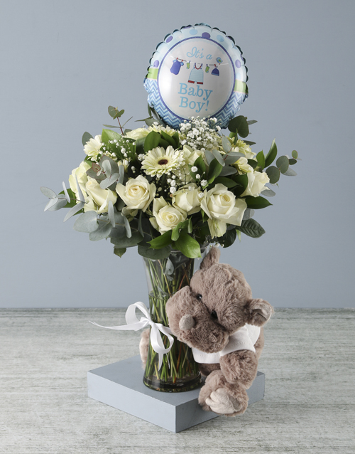 baby Baby Boy Floral Arrangement and Rhino Plush