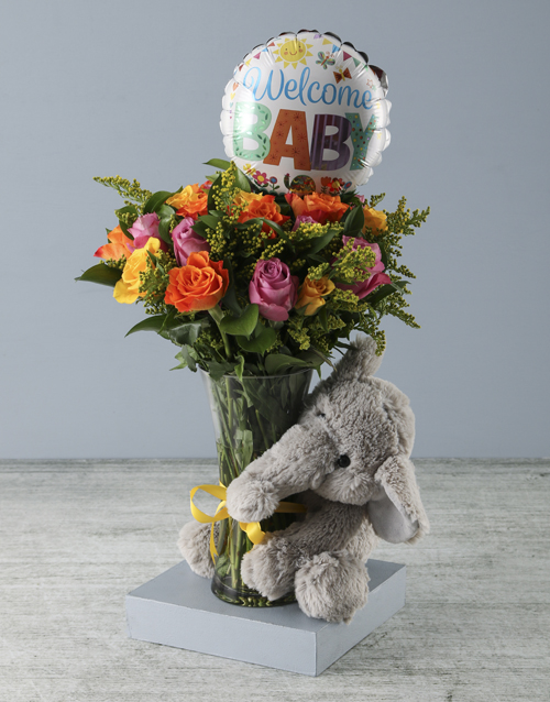 Welcome Baby Floral Arrangement with Elephant Plus