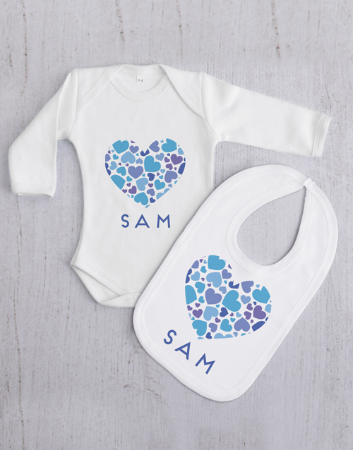 baby Personalised Blue Hearts Baby Gift Set