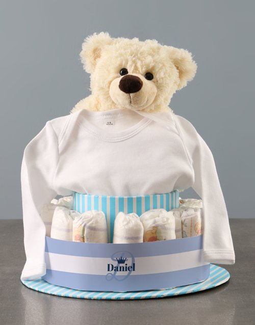 baby Personalised Teddy Bear Boy Banner Nappy Cake