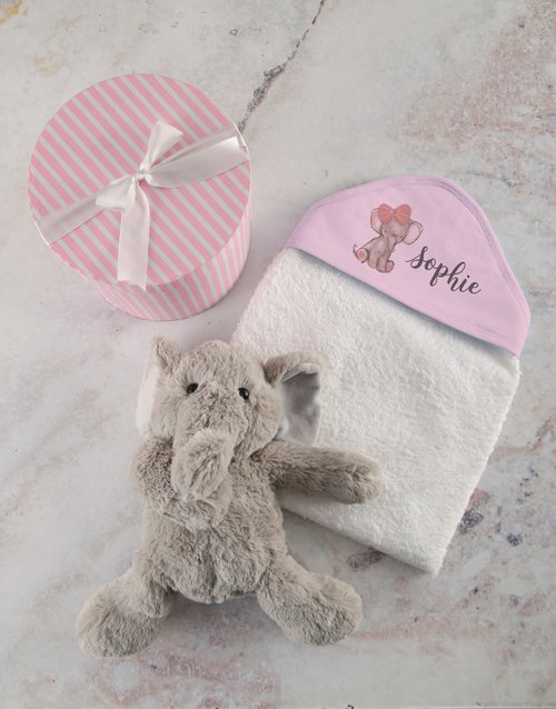 baby Personalised Pink Elephant Hooded Baby Towel