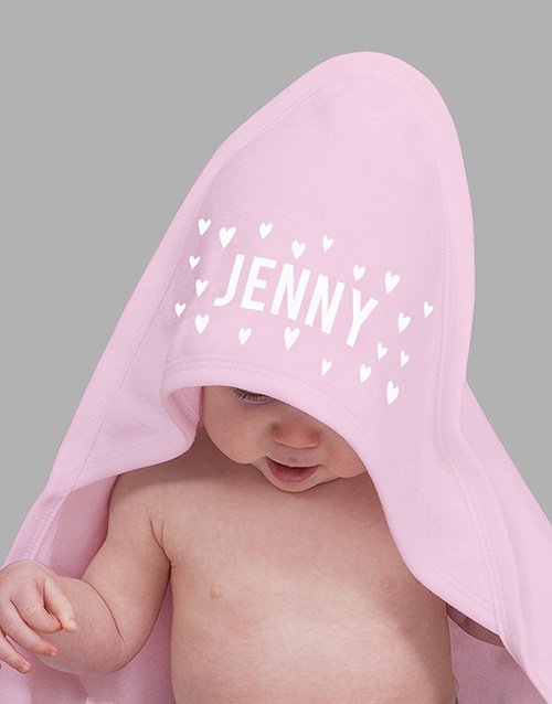 baby Personalised Pink Hearts Hooded Baby Towel