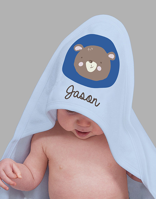 baby Personalised Little Bear Blue Hooded Baby Towel