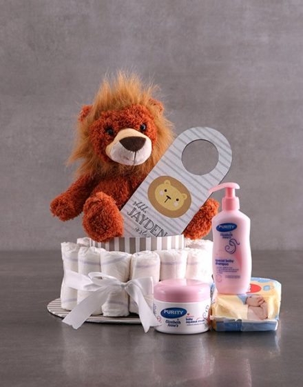 baby Personalised Lion and Products Nappy Cake