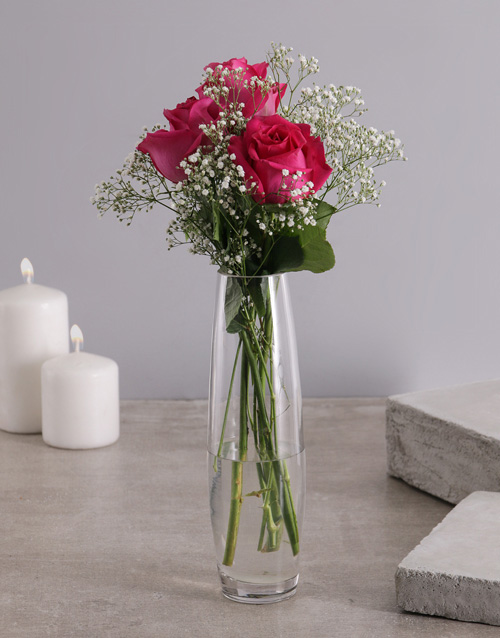 roses 3 Cerise Roses in a Glass Vase