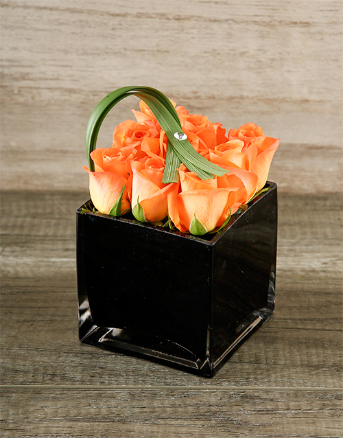 roses Orange Roses in Black Square Vase