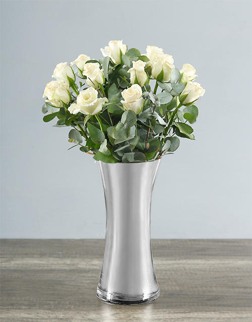 roses White Roses in Silver Vase