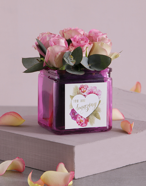 Pink Love Roses in Square Vase