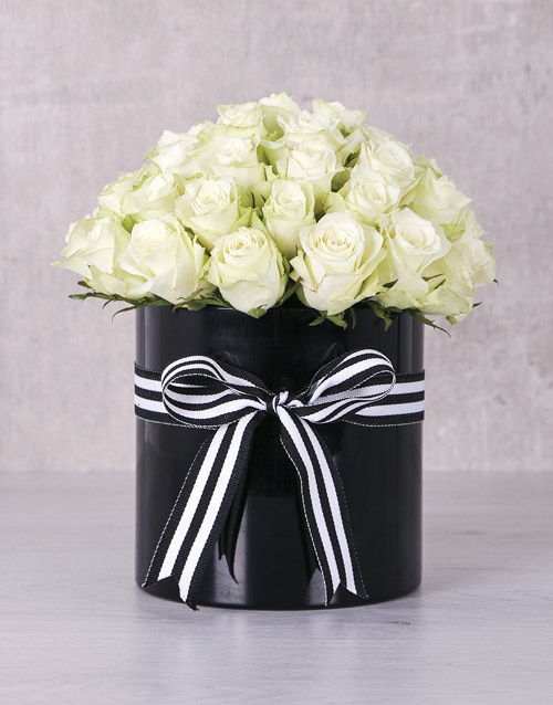 roses White Roses in Ribbon Stripe Box